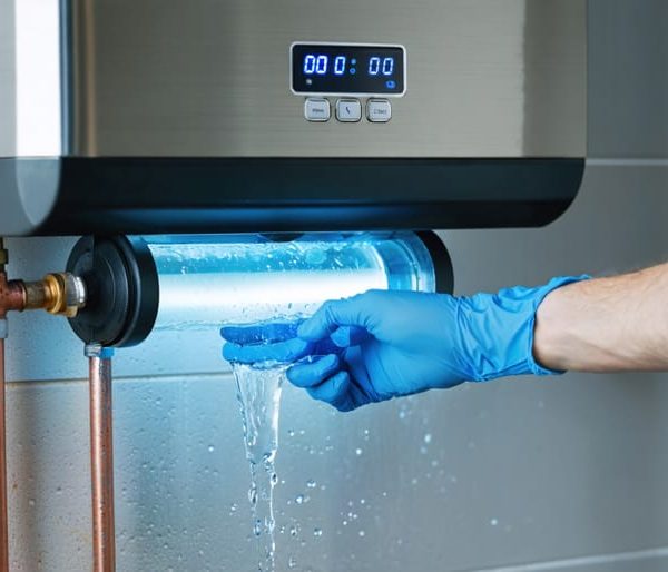 Gloved hand removing the quartz sleeve from a stainless steel whole-house UV water disinfection unit installed on a basement wall, with a clear sediment pre-filter and PEX plumbing in the background.