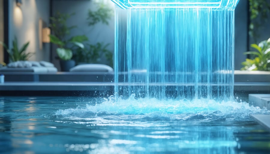 UV disinfection system mounted on wall showing glowing blue UV lamp inside clear chamber