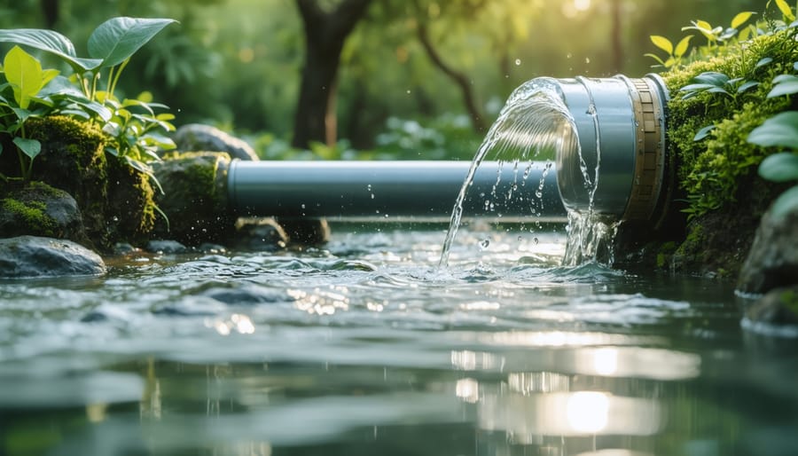 Fresh morning dew on healthy lawn grass with home in background
