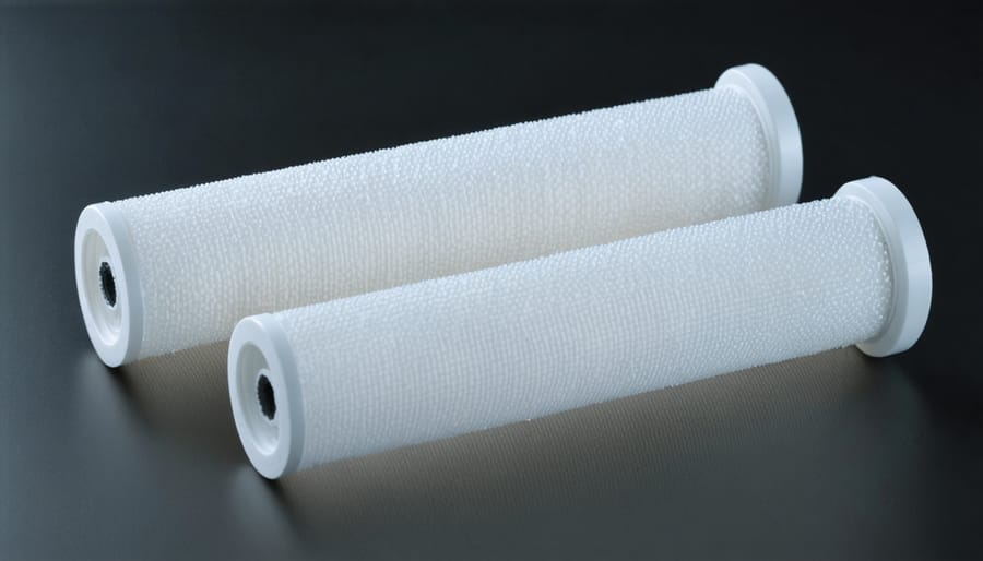 Comparison of old discolored water filter cartridge next to new replacement filter on kitchen counter