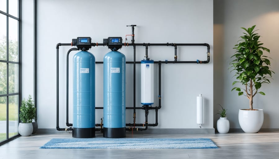 Complete water softener system with resin tank and brine tank installed in basement