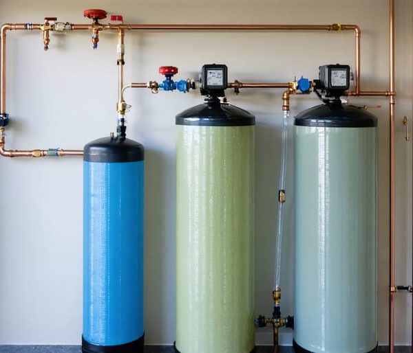 Eye-level view of a residential water softener system with a tall resin tank, brine tank, copper/PEX piping with a three-valve bypass, and a drain hose leading to a floor drain in a clean utility room.