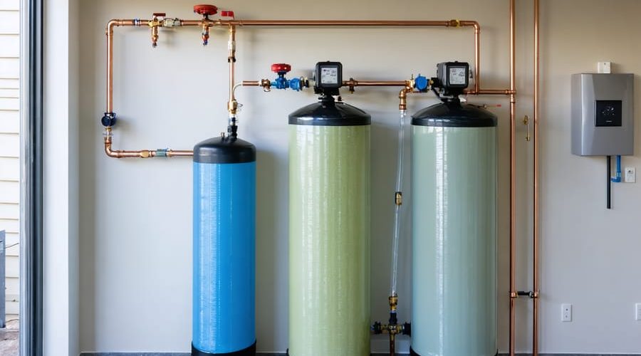 Eye-level view of a residential water softener system with a tall resin tank, brine tank, copper/PEX piping with a three-valve bypass, and a drain hose leading to a floor drain in a clean utility room.