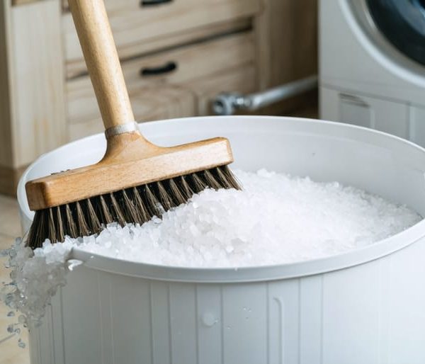 Top-angle close-up of an open water softener brine tank with a hardened salt bridge being broken by a wooden broom handle held by a gloved hand, with a blurred utility room, pipes, and washer in the background.