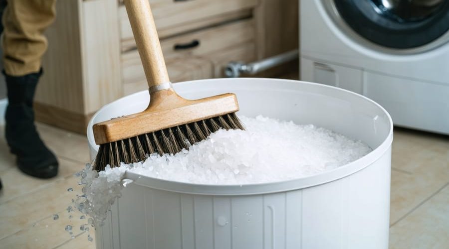 Top-angle close-up of an open water softener brine tank with a hardened salt bridge being broken by a wooden broom handle held by a gloved hand, with a blurred utility room, pipes, and washer in the background.