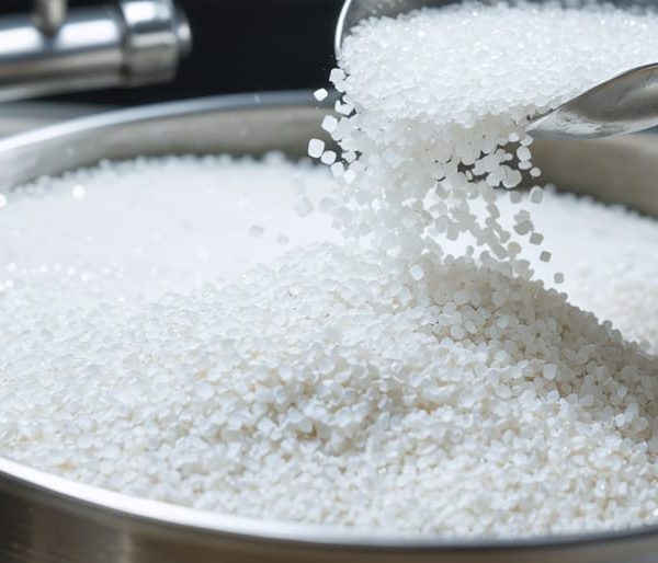 Close-up of white water softener salt pellets poured from a stainless scoop into an open brine tank, with a modern softener unit, stainless plumbing, and a shiny kitchen faucet blurred in the background.
