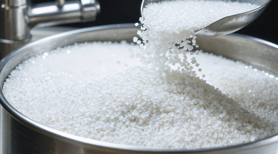 Close-up of white water softener salt pellets poured from a stainless scoop into an open brine tank, with a modern softener unit, stainless plumbing, and a shiny kitchen faucet blurred in the background.