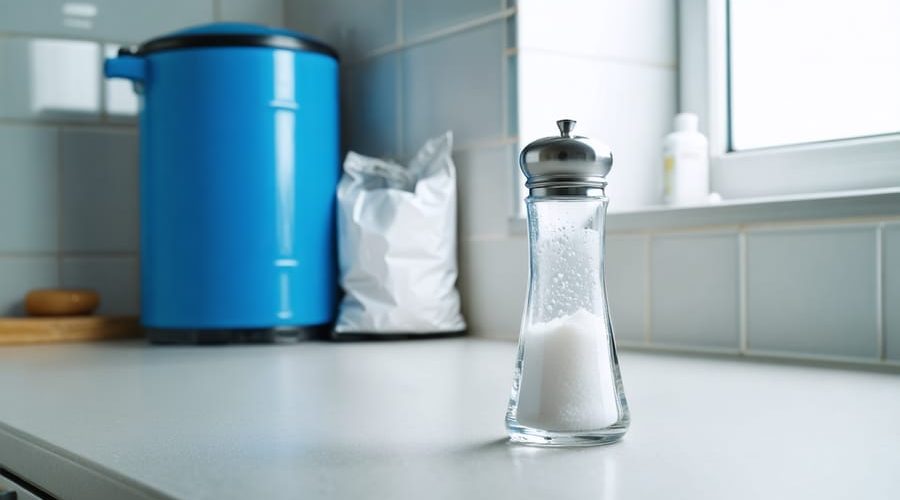 Glass salt shaker on a kitchen counter in sharp focus with a blue water softener brine tank and unbranded white salt bag blurred in a nearby utility room.