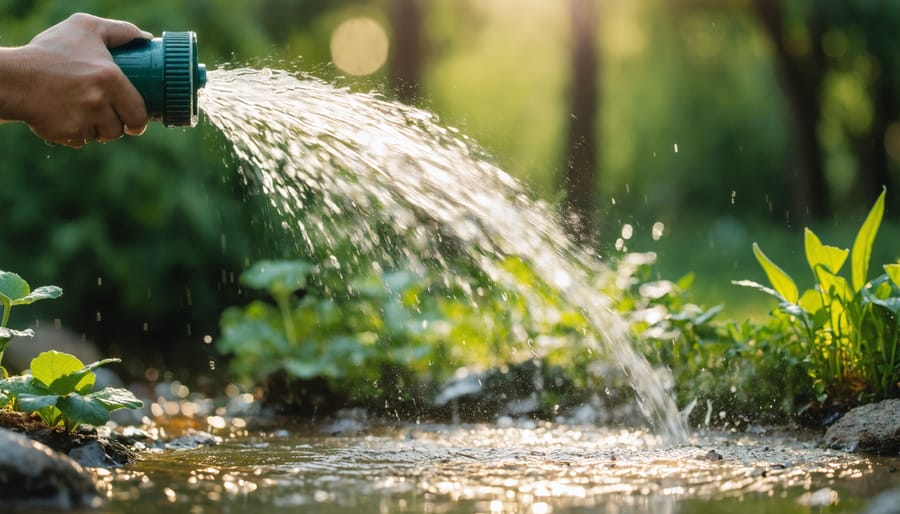 Homeowner watering vegetable garden with collected rainwater