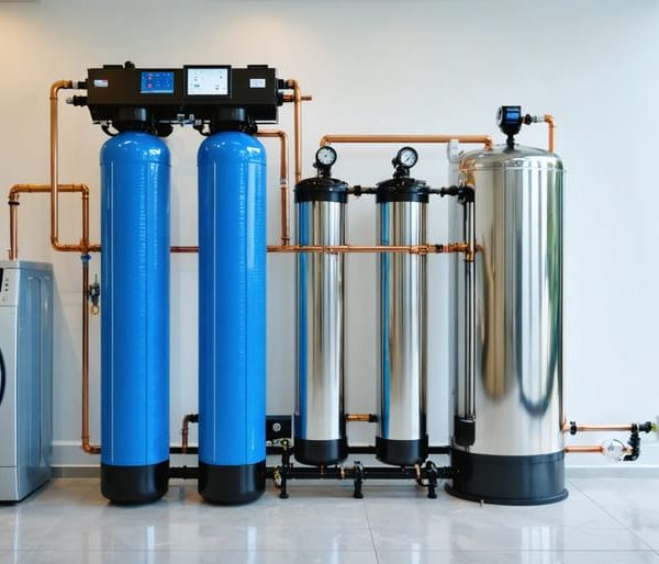 Whole-house water filtration with dual blue housings and a stainless media tank connected by copper/PEX pipes in a residential utility room, with washer and water heater softly blurred in the background.