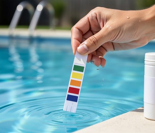 Close-up of a hand holding a multi-pad 6-way pool test strip just above clear blue pool water, droplets visible, with a softly blurred pool edge and ladder in the background; no labels or text visible.