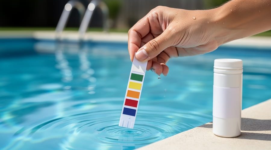 Close-up of a hand holding a multi-pad 6-way pool test strip just above clear blue pool water, droplets visible, with a softly blurred pool edge and ladder in the background; no labels or text visible.