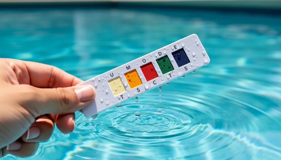 Hand holding multi-colored 6-way pool test strip dipped in clear blue pool water