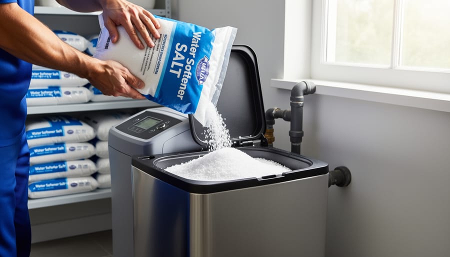 Overhead view of hands adding salt pellets to water softener brine tank