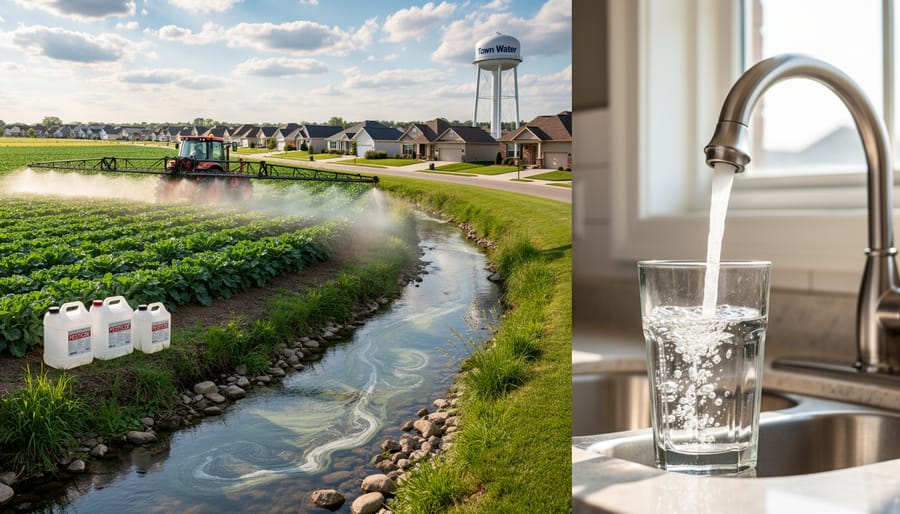 Agricultural irrigation system operating in field near residential homes