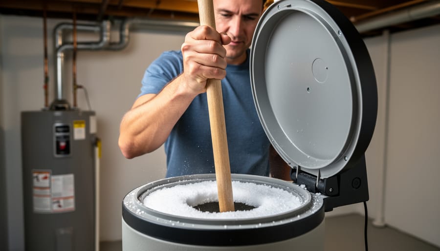 Person using broom handle to break salt bridge inside water softener brine tank