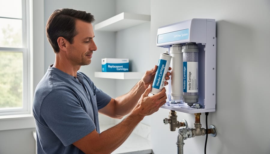 Hands replacing filter cartridge in salt-free water conditioning system during routine maintenance