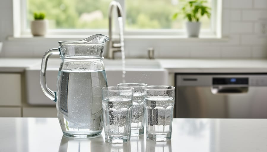 Clear glass being filled with softened water from kitchen faucet