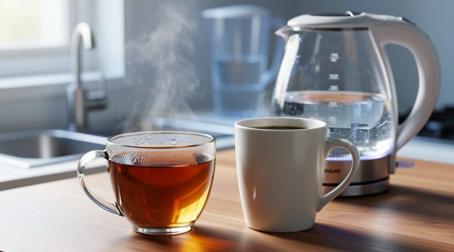 Steaming glass cup of tea and white ceramic coffee mug on a wooden counter with a clear glass electric kettle of clean water in a sunlit modern kitchen, faucet and water filter pitcher softly blurred in the background.