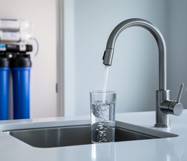 Reverse osmosis faucet filling a glass at a kitchen sink, with twin blue whole-house filter tanks and a sediment canister softly blurred in a nearby utility closet under natural light.
