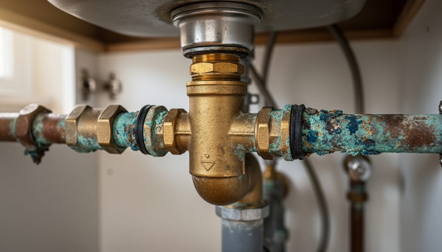 Close-up of corroded brass water faucet showing oxidation and deterioration