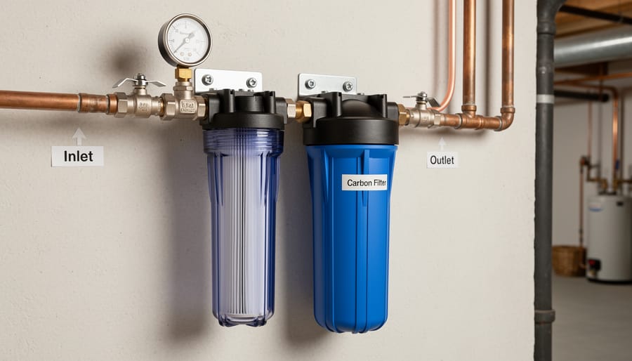 Whole house water filter system with sediment and carbon filter housings mounted on wall