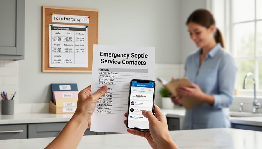 Homeowner accessing emergency septic service contact information on smartphone near septic system