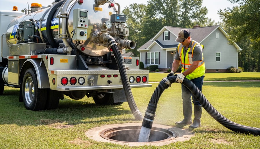 Professional septic pump service truck with vacuum equipment at residential property