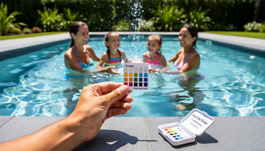 Parent and child sitting at edge of clear blue swimming pool with feet in water
