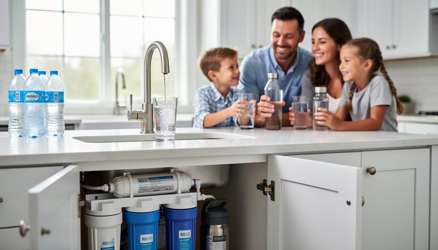 Family filling reusable water bottles from reverse osmosis filtered water system