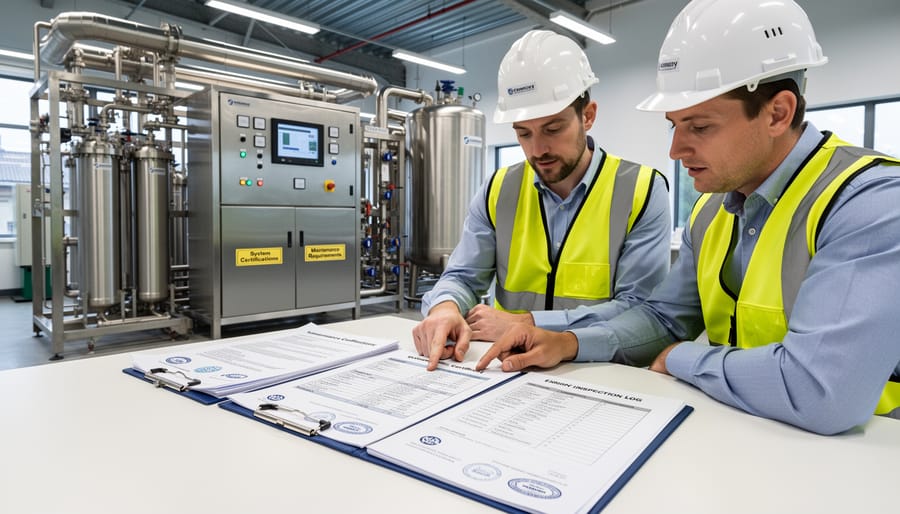 Water filter certification documentation and replacement cartridges on table