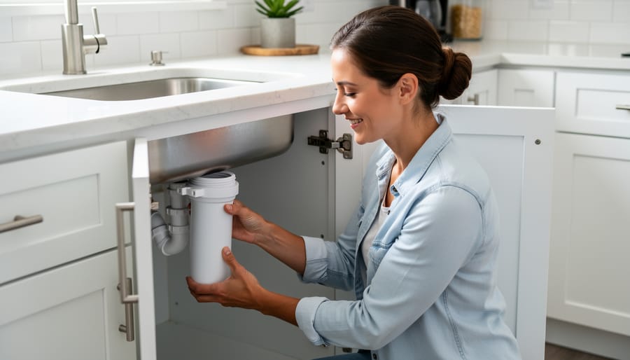 Person replacing water filter cartridge in reverse osmosis system
