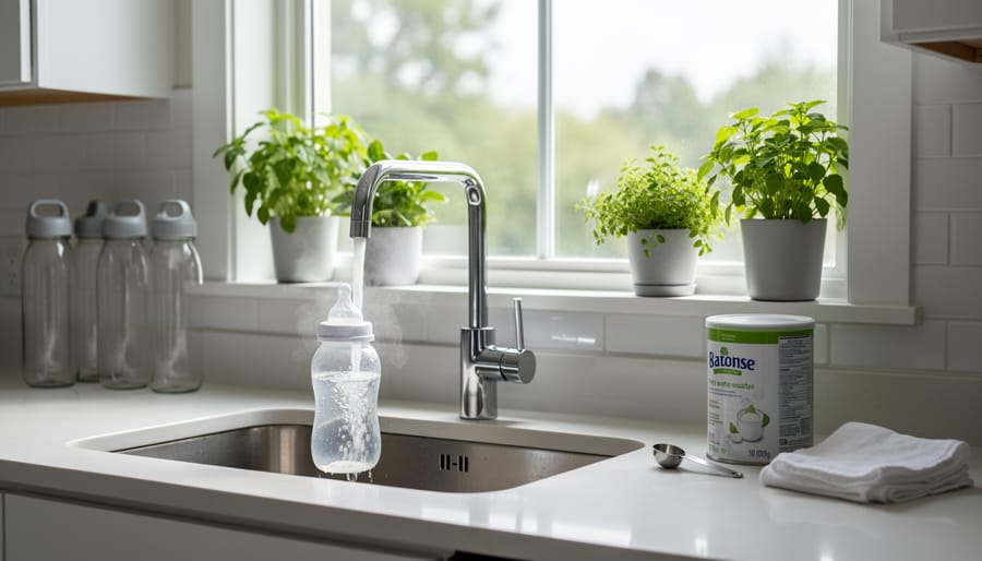 Filtered water being poured from pitcher into baby bottle on kitchen counter