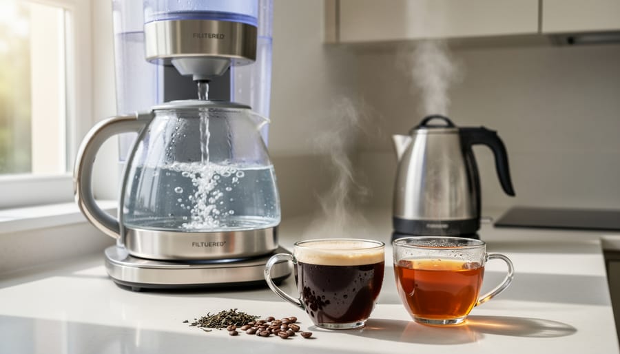 Water filter pitcher pouring clean water into electric kettle on kitchen counter