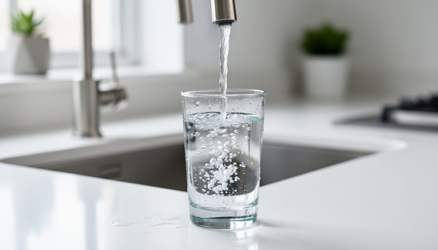 Clear filtered water pouring from kitchen faucet into drinking glass