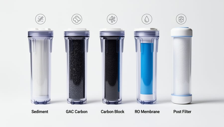 Five cylindrical water filter cartridges arranged in sequence showing different filtration media