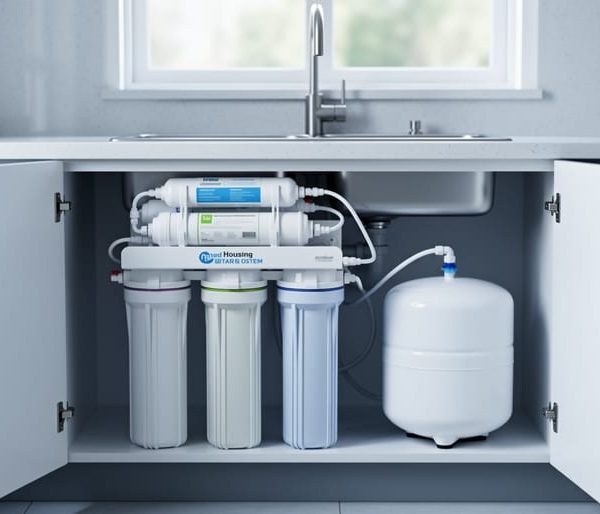 Under-sink four-stage reverse osmosis filtration system with four vertical filter housings, membrane tube, and white storage tank, with the kitchen counter and drinking-water faucet softly blurred in the background.