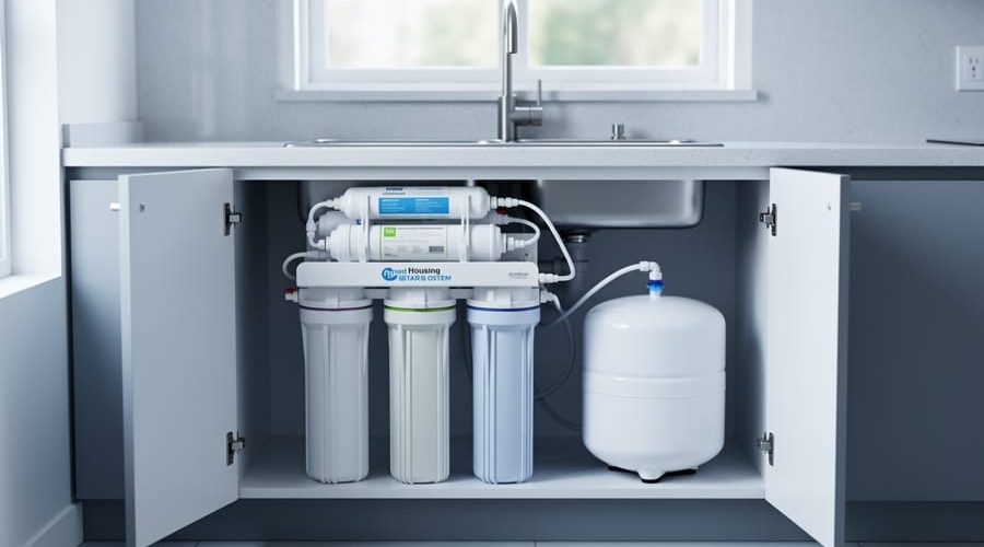 Under-sink four-stage reverse osmosis filtration system with four vertical filter housings, membrane tube, and white storage tank, with the kitchen counter and drinking-water faucet softly blurred in the background.