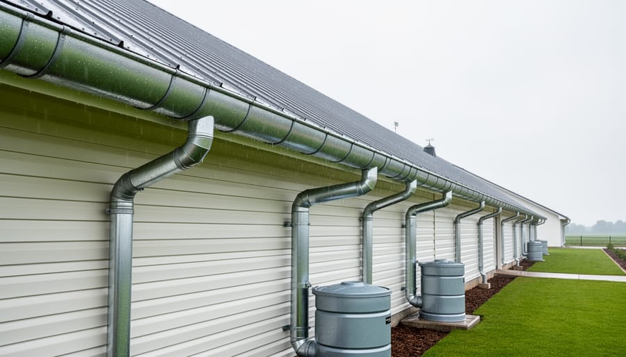 Clean residential gutter system on home roof with downspouts for rainwater collection
