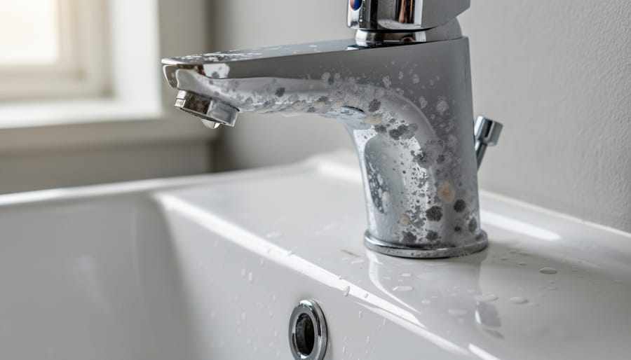Chrome faucet and white sink with visible hard water stains and mineral deposits