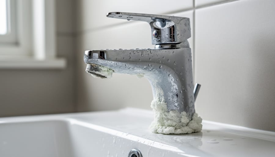 Close-up of white mineral scale buildup on chrome bathroom faucet caused by hard water