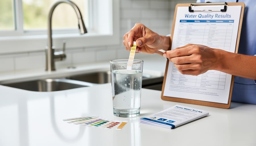 Person conducting home water quality test at kitchen sink with test strips