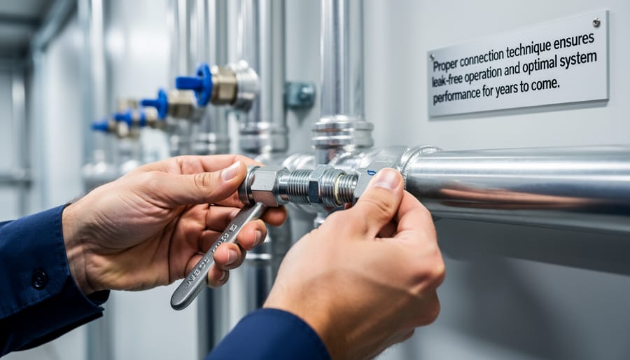 Person tightening connection on water filter housing during installation