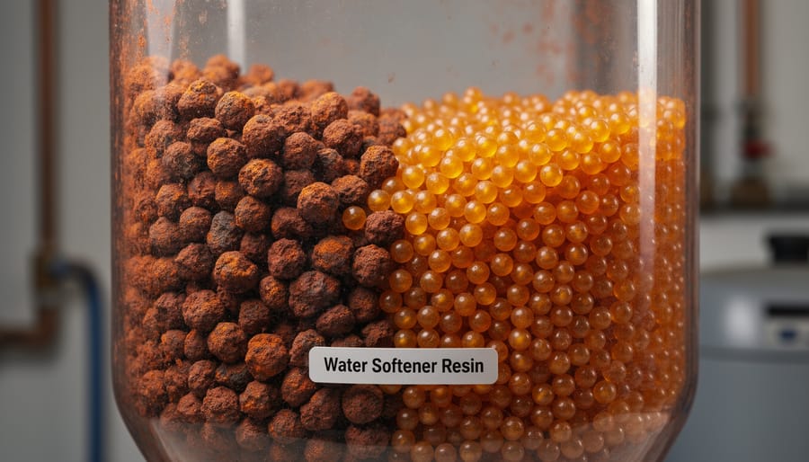 Close-up of water softener resin beads showing iron contamination and fouling