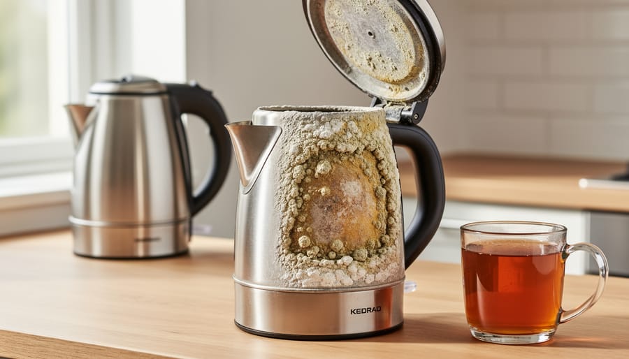 Interior view of electric kettle showing limescale mineral deposits on heating element