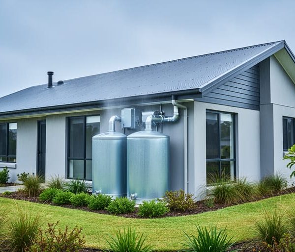 Two large cylindrical rainwater cisterns connected to a modern metal-roof house via gutters with prefilter and first-flush diverter, water flowing lightly after rain, with native landscaping in the background.
