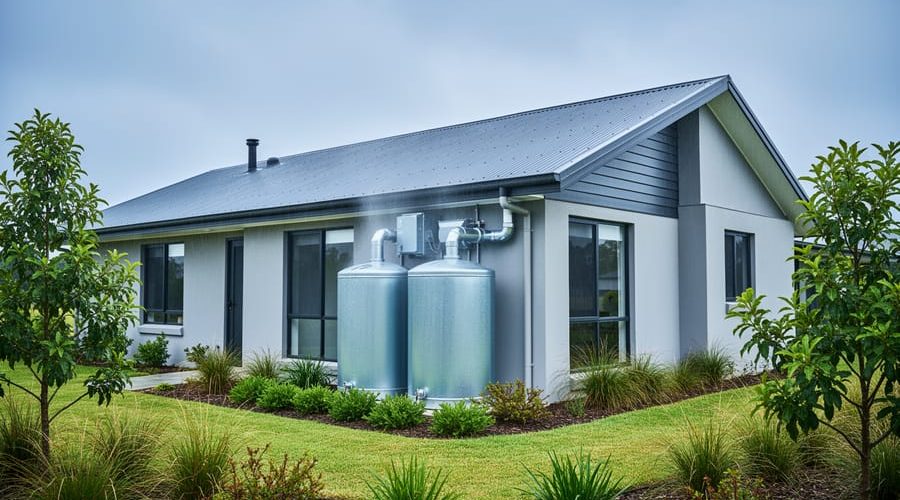 Two large cylindrical rainwater cisterns connected to a modern metal-roof house via gutters with prefilter and first-flush diverter, water flowing lightly after rain, with native landscaping in the background.