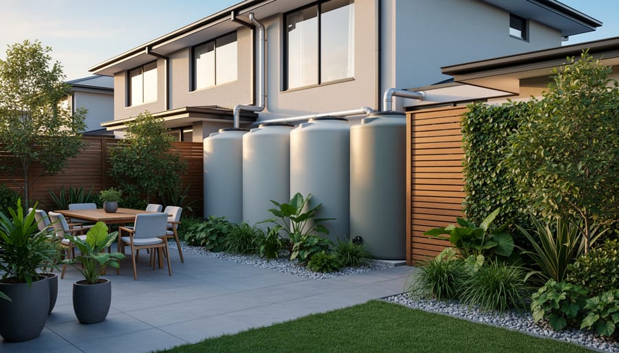 Large white rainwater harvesting storage tank installed beside modern residential home