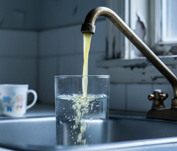 Close-up of an older brass kitchen faucet filling a glass of water with a slight yellow tint, with peeling paint and aged tiles blurred behind and a child’s cup out of focus, suggesting household lead contamination risk.
