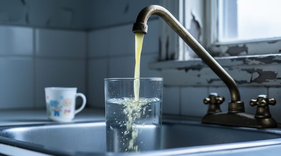 Close-up of an older brass kitchen faucet filling a glass of water with a slight yellow tint, with peeling paint and aged tiles blurred behind and a child’s cup out of focus, suggesting household lead contamination risk.